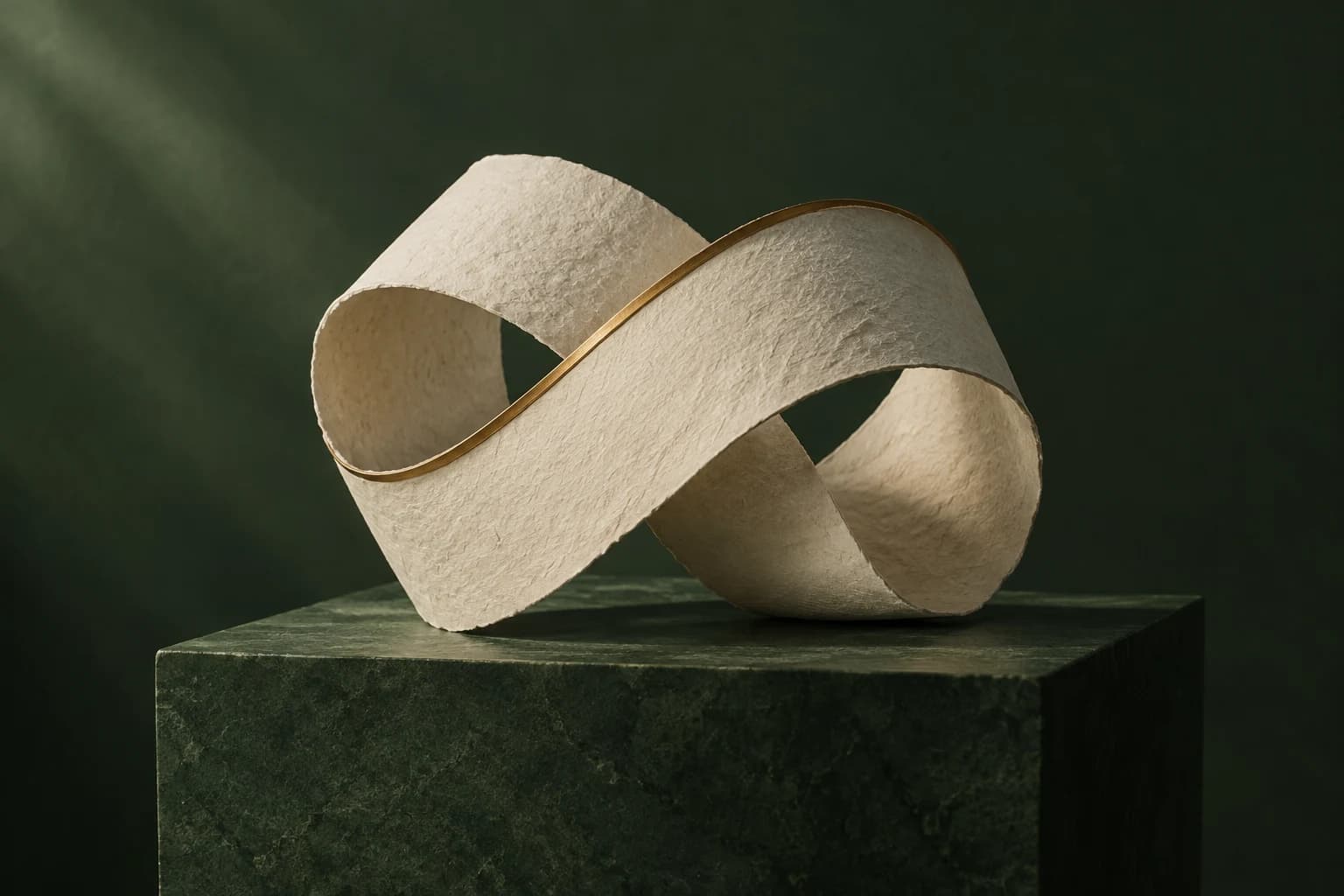 Faixas de papel marfim entrelaçadas sobre uma base verde.
